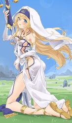 1girl ass blonde_hair blue_eyes blue_sky breasts commentary_request commission cosplay dress goblin_slayer! gold_sandals highres holding holding_staff kneeling long_hair looking_at_viewer nun on_grass outdoors polearm priestess_(goblin_slayer!) sandals shiratama_(siratama5656) sideboob sideless_dress skeb_commission sky small_breasts solo staff sword_maiden sword_maiden_(cosplay) swordstaff veil very_long_hair weapon white_dress white_veil