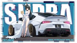 1girl absurdres animal_ear_fluff animal_ears artist_name bare_shoulders black_hair black_nails black_shoes blunt_bangs blunt_ends blush bouquet bow breasts bright_pupils car character_name cleavage commentary copyright_logo dress dress_bow elbow_gloves feet flower fox_ears fox_girl full_body gloves halter_dress halterneck high_heels highres holding holding_bouquet holding_flower hoshimi_miyabi inset_border large_breasts legs long_hair looking_at_viewer motor_vehicle nail_polish procreate_(medium) red_eyes see-through_cleavage see-through_clothes see-through_dress shoes side-view_mirror side_slit smile solo spoiler_(automobile) sports_car standing taylorcat thighs toenail_polish toenails toes toyota toyota_supra toyota_supra_mk_v vehicle_muffler vehicle_name very_long_ears very_long_hair white_background white_bow white_dress white_gloves white_pupils yellow_flower zenless_zone_zero
