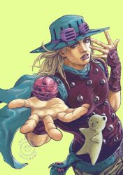 1boy belt blonde_hair blue_belt blue_cape blue_eyes blue_hat bridal_gauntlets cape cowboy_hat goggles goggles_on_headwear green_background gyro_zeppeli hat holster jojo_no_kimyou_na_bouken long_hair mammonmoney red_ball red_bridal_gauntlets red_shirt shirt short_sleeves steel_ball_(jojo) steel_ball_run stuffed_animal stuffed_toy teddy_bear upper_body