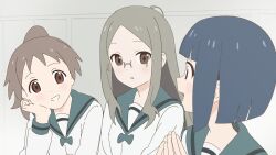 3girls blue_hair bow brown_eyes brown_hair clenched_hand glasses green_bow green_sailor_collar grey_eyes grey_hair grin hands_on_own_face highres kasumi_(yama_no_susume) long_hair mio_(yama_no_susume) multiple_girls ponytail rytoua318 sailor_collar school_uniform shirt short_hair sketch_background smile spiked_hair white_shirt yama_no_susume yuri_(yama_no_susume)
