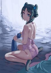 1girl ass back bare_back blue_eyes closed_mouth green_eyes green_shoes highres holding_cloth kusuriya_no_hitorigoto legs looking_at_viewer maomao_(kusuriya_no_hitorigoto) patreon_username shoes solo thighs wet wet_hair zefrableu