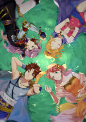 1boy 3girls absurdres blonde_hair bridal_gauntlets brown_eyes brown_hair bartz_klauser cape closed_eyes faris_scherwiz final_fantasy final_fantasy_v friends grass green_eyes highres krile_mayer_baldesion_(ff5) lenna_charlotte_tycoon long_hair lying multiple_girls on_back on_grass on_side pink_hair ponytail purple_hair short_hair siblings sisters yawai_tofu