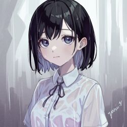 1girl artist_name black_hair black_ribbon bra bra_visible_through_clothes closed_mouth collared_shirt colored_inner_hair double-parted_bangs dress_shirt grey_background grey_eyes grey_hair highres light_frown looking_at_viewer multicolored_hair neck_ribbon original outdoors pink_bra rain raised_inner_eyebrows ribbon school_uniform see-through_clothes see-through_shirt shirt short_hair short_sleeves solo underwear upper_body water_drop wet wet_clothes wet_hair wet_shirt white_shirt wing_collar yuri_yone