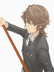 1boy brown_hair character_request highres holding holding_weapon liw looking_at_viewer male_focus necktie persona persona_3 solo upper_body weapon white_background