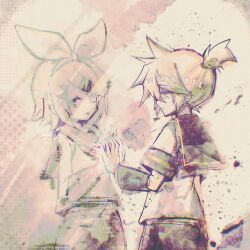 1boy 1girl abstract_background absurdres arm_warmers belt black_arm_warmers black_sailor_collar black_shorts blonde_hair bow brother_and_sister commentary fading glitch hair_bow hair_ornament hairclip halftone halka high_ponytail highres holding_hands incest kagamine_len kagamine_rin light_frown medium_hair muted_color open_mouth pale_color parted_bangs ponytail sailor_collar shirt short_ponytail shorts siblings spiked_hair stain symbolism twincest twins vocaloid white_bow white_shirt
