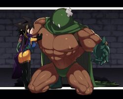 Rule 34 | 1boy, 1girl, abs, ass, bara, black gloves, black hair, black thighhighs, blush, brick wall, cape, dragon quest, dragon quest iii, earrings, embarrassed, foreshortening, gloves, green gloves, green hood, green male underwear, heroine (dq3), jewelry, jumpsuit, kandar, kneeling, letterboxed, looking at another, male focus, male underwear, mask, mid (mid skb), muscular, muscular male, nipples, pectorals, purple cape, roto (dq3), shredded muscles, size difference, sword, tears, thighhighs, topless male, underwear, v-taper, weapon, yellow jumpsuit
