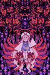 1girl abstract abstract_background absurdly_long_hair absurdres blonde_hair boku_(isizakitakasi) disembodied_hand dress eye_symbol frills full_body hair_between_eyes hair_ribbon hat highres long_hair mob_cap open_mouth purple_eyes purple_tabard ribbon sandals smile socks solo tabard teeth too_many_eyes touhou upper_teeth_only very_long_hair very_long_sleeves white_dress white_socks yakumo_yukari