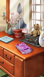 black_bag candy candy_jar cellphone commentary fate/grand_order fate_(series) flip_phone flower flower_request food indoors konpeitou lasengle no_humans official_art phone pink_flower pink_gemstone reflection scenery shouji sliding_doors sparkle still_life stuffed_animal stuffed_toy tatami teddy_bear third-party_source vase