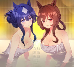 Rule 34 | 2girls, animal ears, bare shoulders, blue hair, breasts, brown hair, cleavage, collarbone, gentildonna (umamusume), hair bun, hair rings, horse ears, large breasts, light blush, long hair, looking at viewer, medium breasts, multiple girls, naked towel, onsen, open mouth, outdoors, partially submerged, purple eyes, red eyes, romi (346 ura), short hair, smile, steam, towel, umamusume, verxina (umamusume), water, watermark, wet, wet hair