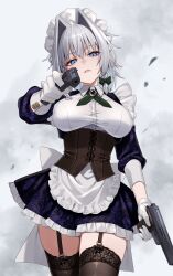 1girl aiming aiming_at_viewer apron back_bow black_thighhighs blue_dress blue_eyes bow braid breasts brown_corset collared_shirt commentary_request corset cowboy_shot cz_52 dress dual_wielding garter_straps gloves green_bow green_ribbon greenkohgen grey_hair gun hair_bow hair_intakes handgun highres holding holding_gun holding_weapon izayoi_sakuya large_breasts long_sleeves looking_at_viewer maid_headdress medium_hair neck_ribbon parted_lips ribbon shirt side_braids solo thighhighs touhou waist_apron weapon white_apron white_bow white_gloves white_shirt