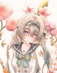 Rule 34 | 1girl, black hairband, black ribbon, blush, bow, bowtie, buttons, closed mouth, collared shirt, double-breasted, firefly (honkai: star rail), firefly (spring missive) (honkai: star rail), flower, gradient eyes, gradient hair, green bow, green bowtie, green pupils, grey sailor collar, hair ornament, hair ribbon, hairband, highres, honkai: star rail, honkai (series), multicolored eyes, multicolored hair, pink flower, plaid bow, plaid bowtie, plaid clothes, ribbon, sailor collar, shirt, shnzoe79, simple background, smile, solo, white background, white shirt