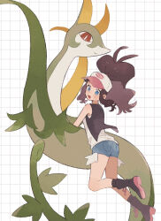 1girl black_jacket black_socks blue_eyes blush boots bright_pupils brown_hair closed_mouth commentary_request gen_5_pokemon highres hilda_(pokemon) hime_(himetya105) jacket long_hair looking_at_viewer nintendo open_mouth pokemon pokemon_(creature) pokemon_bw ponytail red_eyes serperior shirt shorts sidelocks sleeveless smile socks white_pupils white_shirt