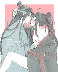 Rule 34 | 2boys, absurdres, ahoge, aqua hanfu, aqua headband, aqua robe, artist name, bare legs, bite mark, black hair, black hanfu, black robe, blush, border, chinese clothes, ear blush, from side, hair ribbon, hand on another&#039;s chest, hanfu, headband, highres, holding, holding ribbon, imminent kiss, implied sex, lan wangji, long hair, long sleeves, looking at another, male focus, modao zushi, multiple boys, natttume, nipple stimulation, nipple tweak, nipples, off shoulder, open clothes, open mouth, open robe, partially colored, pink background, ponytail, red ribbon, red sash, ribbon, robe, saliva, sash, sidelocks, simple background, single bare shoulder, sitting, sketch, suspended congress, sweat, sweatdrop, tongue, topknot, twitter username, wei wuxian, wide sleeves, xiao guan (headdress), yaoi
