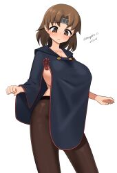 Rule 34 | 1girl, absurdres, black pantyhose, black raincoat, breasts, brown eyes, brown hair, chiyoda (kancolle), chiyoda (rainy season) (kancolle), contrapposto, dated, headband, highres, kantai collection, large breasts, long sleeves, looking down, maru (marg0613), naked raincoat, one-hour drawing challenge, pantyhose, raincoat, short hair, sideboob, simple background, solo, twitter username, white background