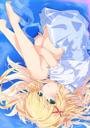 1girl 2023 absurdres bare_legs barefoot blonde_hair blue_skirt blush commentary_request dated_commentary feet fetal_position foot_out_of_frame frilled_sleeves frills from_above green_eyes hair_between_eyes hair_intakes hair_ornament hair_spread_out high-waist_skirt highres hugging_own_legs kyamiuu long_hair looking_at_viewer looking_up lying official_alternate_costume on_side parted_lips puffy_short_sleeves puffy_sleeves ripples shirt short_sleeves skirt solo summer_pockets toes tsumugi_wenders twintails upside-down water white_shirt x_hair_ornament