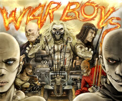 1girl 6+boys bald blonde_hair bloodshot_eyes blue_eyes boots car double_neck_guitar facial_scar glasgow_smile goggles gun gunka_(maggot0111) handgun holding holding_gun holding_plectrum holding_weapon immortan_joe imperator_furiosa mad_max mad_max:_fury_road mask max_rockatansky motor_vehicle multiple_boys nux_(mad_max) plectrum prosthesis prosthetic_arm prosthetic_nose rictus_erectus scar scar_on_cheek scar_on_face the_doof_warrior the_people_eater weapon