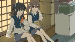 2girls box cat food holding holding_food indoors looking_at_viewer mono multiple_girls school_uniform short_hair side_ponytail sitting
