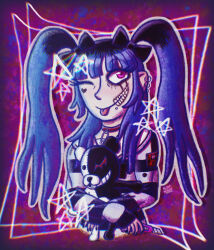 Rule 34 | 1girl, amemiya darumi, black bow, black nails, blue hair, bow, boxcutter, collar, creator connection, crossover, danganronpa (series), earrings, face piercing, female focus, fingernails, hair bow, heart, highres, holding, holding boxcutter, holding stuffed animal, holding stuffed toy, holding weapon, jewelry, lip piercing, long hair, makeup, monokuma, nail polish, one eye closed, piercing, pink eyes, purple background, red bow, runny makeup, safety pin, shirt, solo, solo focus, striped clothes, striped shirt, stuffed animal, stuffed toy, the hundred line -last defense academy-, twintails, upper body, weapon, wink
