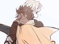 Rule 34 | 2boys, arms around neck, black shirt, blonde hair, blue cape, brown hair, cape, claude von riegan, clenched teeth, closed eyes, commentary, cosu (guessibetter), dimitri alexandre blaiddyd, earrings, english commentary, fire emblem, fire emblem: three houses, garreg mach monastery uniform, hug, jewelry, long sleeves, male focus, multiple boys, nintendo, open mouth, piercing, school uniform, shirt, shouting, side cape, sleeve cuffs, sweat, teeth, upper body, white background, yaoi, yellow cape