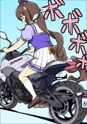 Rule 34 | 1girl, admire vega (umamusume), animal ears, blue background, bow, brown hair, brown shoes, clothing cutout, commentary, ear ornament, hair bow, highres, horse girl, horse tail, horseshoe ornament, jacket, kneehighs, loafers, long hair, low ponytail, motion lines, motor vehicle, motorcycle, pleated skirt, ponytail, puffy short sleeves, puffy sleeves, purple shirt, riding, sailor collar, sailor shirt, shadow, shirt, shoes, short sleeves, skirt, socks, solo, summer uniform, suzuki (company), tail, tail through clothes, track jacket, umamusume, vehicle request, very long hair, wahiko (black bastard), white bow, white sailor collar, white shirt, white skirt