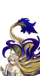 1girl absurdres arknights bare_shoulders beads blonde_hair blue_hair chinese_commentary closed_mouth colored_extremities commentary_request dragon_girl dragon_horns dragon_tail earrings eyeliner floating_hair grey_eyes grey_hair hair_between_eyes hair_intakes highres holding holding_plant horns jacket jewelry long_hair long_sleeves makeup multicolored_hair necklace off_shoulder onoly orange_eyeliner partial_commentary plant pointy_ears purple_hair shu_(arknights) simple_background smile solo strapless tail tail_raised tube_top upper_body very_long_hair wheat white_background white_jacket white_tube_top