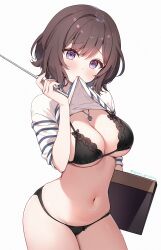 1girl artist_name ayamy baton_(weapon) bikini bikini_under_clothes black_bikini black_panties breasts brown_hair cleavage clothes_lift commentary_request cowboy_shot expandable_baton gakuen_idolmaster halterneck hand_up highres holding holding_pointer idolmaster jewelry lifting_own_clothes looking_at_viewer medium_breasts mouth_hold navel necklace neo_asari no_pants panties pointer purple_eyes shirt shirt_lift short_hair short_sleeves sideboob simple_background solo stomach string_bikini striped_clothes striped_shirt swimsuit underboob underwear weapon white_background white_shirt
