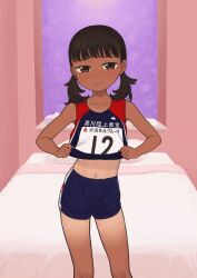 1girl bare_arms bare_shoulders bed black_hair brown_eyes closed_mouth clothes_lift commentary_request contrapposto cowboy_shot dark-skinned_female dark_skin frown highres indoors lifting_own_clothes looking_at_viewer low_twintails medium_hair midriff navel omodaka_(nitera1041) original race_bib shirt_lift short_shorts shorts solo stomach tan tanline track_uniform twintails variant_set