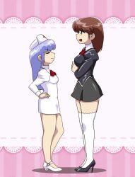 2girls agent_aika aika_(series) black_delmo blue_hair blush breasts brown_eyes brown_hair closed_eyes closed_mouth delmogeny_uniform kuroyoshi long_hair medium_breasts miniskirt multiple_girls nurse open_mouth skirt small_breasts smile thighhighs white_thighhighs