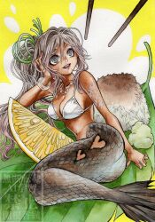 1girl :d arm_tattoo bangle bikini bikini_top_only bracelet breasts brown_hair brown_scales chopsticks dark-skinned_female dark_skin fish_girl food fruit green_ribbon grey_eyes grey_scales hair_ribbon hand_on_own_head hashtag-only_commentary heart highres jewelry large_breasts lemon lemon_slice looking_up lying mermaid midriff monster_girl navel necklace on_side open_mouth original ponytail ribbon sekine_kaori sideboob smile solo swimsuit tattoo traditional_media underboob white_background white_bikini yellow_background