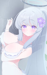 1girl :o absurdres alternate_costume alternate_hairstyle bikini blue_archive blush breasts collarbone commentary_request flower fortysansan frilled_bikini frills hair_flower hair_ornament halo highres large_breasts long_hair mechanical_halo noa_(blue_archive) ponytail purple_eyes solo swimsuit white_bikini white_hair white_halo