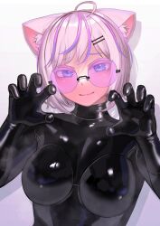 Rule 34 | absurdres, ahoge, animal ears, black bodysuit, blue eyes, bodysuit, breasts, cat ears, claw pose, glasses, highres, kilye kairi, latex, latex bodysuit, medium breasts, original, pink-tinted eyewear, pink hair, short hair, skin tight, tinted eyewear, turtleneck, upper body