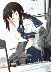Rule 34 | 1girl, absurdres, black socks, blue sailor collar, blue skirt, blush, brown hair, closed eyes, commentary request, dock, dutch angle, facing viewer, from side, fubuki (kancolle), full body, giant, giantess, grey footwear, hair between eyes, hair tie, hand up, highres, holding, holding turret, kantai collection, kikka (airplane), kneehighs, low ponytail, mast, open mouth, outdoors, partial commentary, pleated skirt, ponytail, rigging, sailor collar, salute, school uniform, serafuku, shirt, short sleeves, sidelocks, sitting, skirt, smile, smokestack, socks, solo, torpedo, torpedo launcher, turning head, turret, water, white shirt, yabamitsu