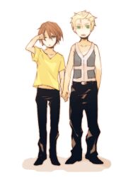 Rule 34 | 2boys, aged down, arm up, belt, black belt, black pants, black shoes, blonde hair, blue eyes, blue vest, brown hair, child, commentary request, final fantasy, final fantasy viii, full body, green eyes, holding hands, male focus, midriff peek, multiple boys, one eye closed, open mouth, pants, rino (q12lamb), rubbing eyes, seifer almasy, shadow, shirt, shoes, short hair, squall leonhart, standing, t-shirt, v-neck, vest, yellow shirt