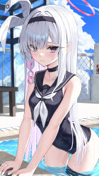 1girl black_choker black_eyes black_hairband black_one-piece_swimsuit black_sailor_collar blue_archive blue_sky blush braid breasts choker cloud colored_inner_hair hair_over_one_eye hairband halo highres kurone_(kurone_ryuo) long_hair looking_at_viewer multicolored_hair neckerchief one-piece_swimsuit outdoors pink_hair pink_halo plana_(blue_archive) pool red_pupils ribbon sailor_collar single_braid sky small_breasts solo swimsuit very_long_hair wading water wet white_hair white_neckerchief white_ribbon