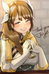 Rule 34 | 1girl, absurdres, black corset, brown hair, commission, commissioner name, corset, fire emblem, fire emblem engage, goldmary (fire emblem), highres, hooded top, looking at viewer, low ponytail, misokatsuhaumai, nintendo, ponytail, ribbon, solo, thank you, white ribbon, yellow eyes