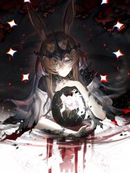 1girl amiya_(arknights) amiya_(demon_king)_(arknights) animal_ears arknights blue_eyes brown_hair cloak closed_mouth crown egg glitch hair_between_eyes highres long_hair looking_at_viewer mangzhi_yaoyao rabbit_ears reflection solo sparkle upper_body