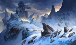 Rule 34 | 1other, chinnkun, cloud, cloudy sky, dragon, fantasy, floating rock, from behind, holding, holding staff, landscape, magic, mountain, nature, original, painterly, rock, sky, snow, staff, statue