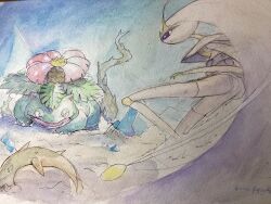 1girl bright_pupils claws commentary english_commentary furry furry_female gen_1_pokemon gen_7_pokemon mountain nintendo open_mouth painting_(medium) pheromosa plant pokemon pokemon_(creature) rock thorns traditional_media ultra_beast venusaur venusaur-propaganda vines watercolor_(medium) white_pupils