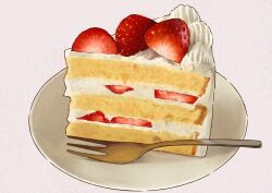 absurdres cake cake_slice commentary_request food food_focus fork fruit highres no_humans original plate still_life strawberry strawberry_shortcake zukkiy