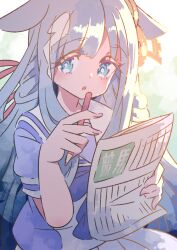 Rule 34 | 1girl, animal ears, blue eyes, blush, chrono genesis (umamusume), grey hair, hair between eyes, hair ornament, holding, holding newspaper, honkawa works, horse ears, horse girl, long hair, looking at viewer, newspaper, open mouth, pencil, school uniform, solo, tracen school uniform, two-legged horse (kanji), umamusume, white background