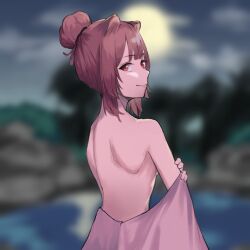 1girl absurdres animal_ears back blurry blurry_background breasts brown_hair closed_mouth cloud cloudy_sky commentary from_behind full_moon hair_bun hand_on_own_arm highres looking_at_viewer looking_back medium_hair moon night night_sky onsen raccoon_ears raccoon_girl raphtalia red_eyes sideboob sky smile solo symbol-only_commentary talnory tate_no_yuusha_no_nariagari