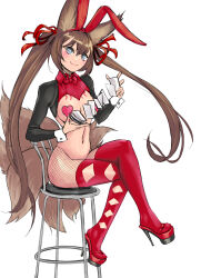 1girl absurdres animal_ear_fluff animal_ears bad_tag blue_eyes blush bow bowtie breasts brown_hair caleen_keemosn card chair cleavage closed_mouth clothing_cutout commission crossed_legs detached_collar elotika fake_animal_ears female fishnets fox_ears fox_girl fox_tail hair_between_eyes hair_ornament hair_ribbon hairband heart_cutout heart_pasties high_heels highres holding inverted_bunnysuit inverted_costume kitsune large_breasts leotard long_hair looking_at_viewer meme_attire multiple_tails navel original pantyhose pasties platform_footwear platform_heels playboy_bunny rabbit_ears red_bow red_bowtie red_footwear red_ribbon revealing_clothes reverse_bunnysuit reverse_outfit ribbon runes shoes sitting smile solo star_ocean star_ocean_anamnesis stool tail thighhighs twintails very_long_hair wrist_cuffs