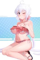 1girl ahoge artist_name ass bikini black_sandals bloom breasts cleavage closed_mouth frilled_bikini frills from_side groin hand_on_own_chest highres large_breasts long_hair looking_at_viewer mitamory navel one_eye_closed pearl_anklet purple_eyes red_bikini sandals senki_zesshou_symphogear shadow sitting solo stomach sweat swimsuit toes twintails underboob very_long_hair white_hair yukine_chris