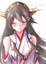 1girl bare_shoulders black_hair blush closed_eyes detached_sleeves haruna_(kancolle) haruna_kai_ni_(kancolle) headgear highres ichimai_(apieceof_ray151) kantai_collection long_hair nontraditional_miko ribbon-trimmed_sleeves ribbon_trim simple_background solo tearing_up torn_clothes upper_body white_background