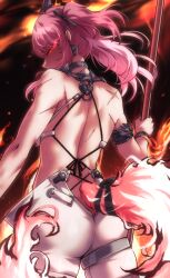 Rule 34 | 1girl, absurdres, armlet, back, black bow, bow, breasts, collar, commentary, cs (connectedskyy), earrings, from behind, hair bow, headgear, highres, holding, holding polearm, holding weapon, jewelry, long hair, looking at viewer, lupa (wuthering waves), median furrow, medium breasts, metal collar, pants, pink hair, polearm, red eyes, scar, scar on back, sideways glance, solo, tail, weapon, white pants, wolf tail, wrist guards, wuthering waves