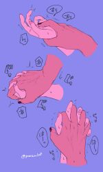 1boy 1girl black_nails blue_background close-up dark-skinned_male dark_skin diavolo_(obey_me!) fingernails hand_focus hetero highres holding_another&#039;s_wrist holding_hands implied_sex interlocked_fingers mc_(obey_me!) mictachibana motion_lines multiple_views nail_polish obey_me!:_one_master_to_rule_them_all! pink_nails simple_background sound_effects sweat trembling twitching twitter_username veins veiny_hands