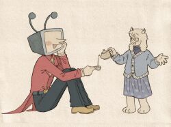 1boy 1girl :d animal_ears ant_tenna belt belt_buckle black_belt black_pants blue_cardigan blue_shirt blue_sky blush_stickers brown_shoes buckle canvas_(medium) cardigan coat colored_pencil_(medium) commentary cup deltarune english_commentary full_body furry furry_female gloves goat_ears goat_girl goat_horns graphite_(medium) hand_on_own_face highres holding holding_cup holding_teapot horns necktie object_head open_mouth pants pointy_nose red_coat shirt shoes sitting sky smile szivarvanyturmix02 tailcoat teapot toriel traditional_media w_arms white_fur white_gloves white_shirt yellow_necktie