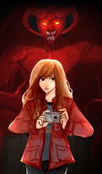 1girl blue_shirt brown_eyes brown_hair camera colored_skin demon demon_boy demon_horns denim deviantart final_destination_(movie) highres holding holding_camera hopor horns jacket jeans pants red_jacket red_skin shirt solo solo_focus statue warner_bros. wendy_christensen yellow_eyes