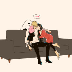 Rule 34 | 1boy, 2girls, animal, anya (spy x family), awarinko, black dress, black hair, black pants, black pantyhose, black shoes, blonde hair, bond (spy x family), boots, brown background, brown boots, brown hairband, closed eyes, closed mouth, couch, dog, dress, hairband, highres, kiss, kissing cheek, long hair, long sleeves, multiple girls, on couch, pants, pantyhose, pink hair, red dress, romaji text, shirt, shoe soles, shoes, simple background, sitting, socks, spy x family, twilight (spy x family), very long hair, white shirt, white socks, yor briar