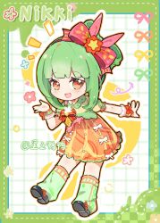 1girl artist_name black_shoes blunt_bangs border bow bow-shaped_hair bowtie checkered_border cherilynorz chinese_commentary colored_shadow commentary_request copyright_name dotted_line dress dress_bow eyelashes floral_border flower flower_in_eye footwear_bow frilled_dress frilled_sleeves frills full_body fur-trimmed_wrist_cuffs green_border green_hair green_leg_warmers grid_background hair_bow hair_bun hair_flower hair_ornament hand_up happy highres infinity_nikki leaning_forward leg_warmers looking_at_viewer nikki_(series) notice_lines open_mouth orange_dress orange_eyes outline pink_bow puffy_short_sleeves puffy_sleeves red_bow red_bowtie red_flower red_wrist_cuffs shadow shoes short_dress short_hair_with_long_locks short_sleeves sidelocks single_hair_bun smile solo springbloom_enchantment_(infinity_nikki) standing striped_bow symbol_in_eye updo white_background white_bow white_outline wrist_bow wrist_cuffs yellow_sleeves